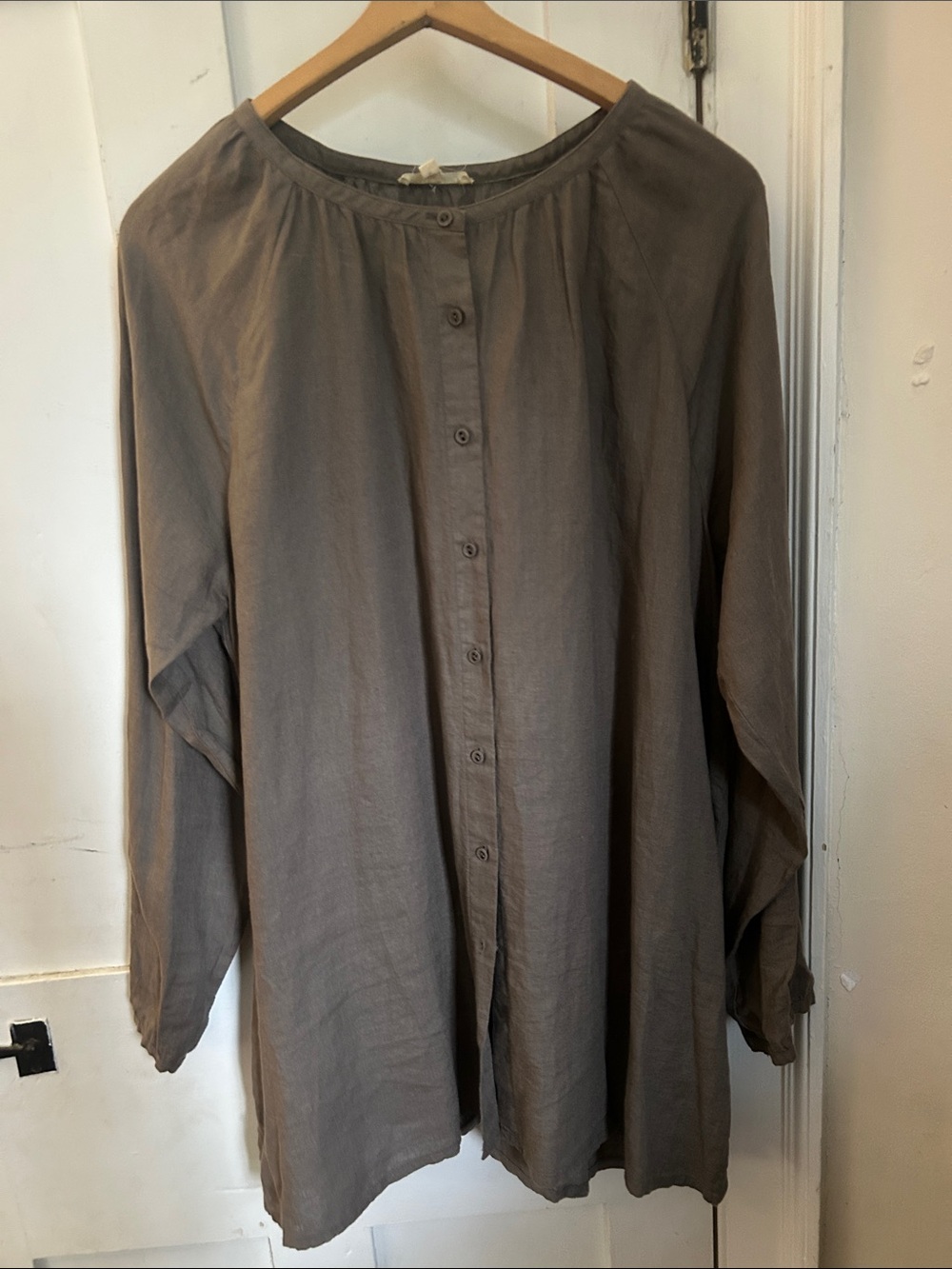 Eileen Fisher Long-Sleeve Button Front Shirt in Taupe Gray